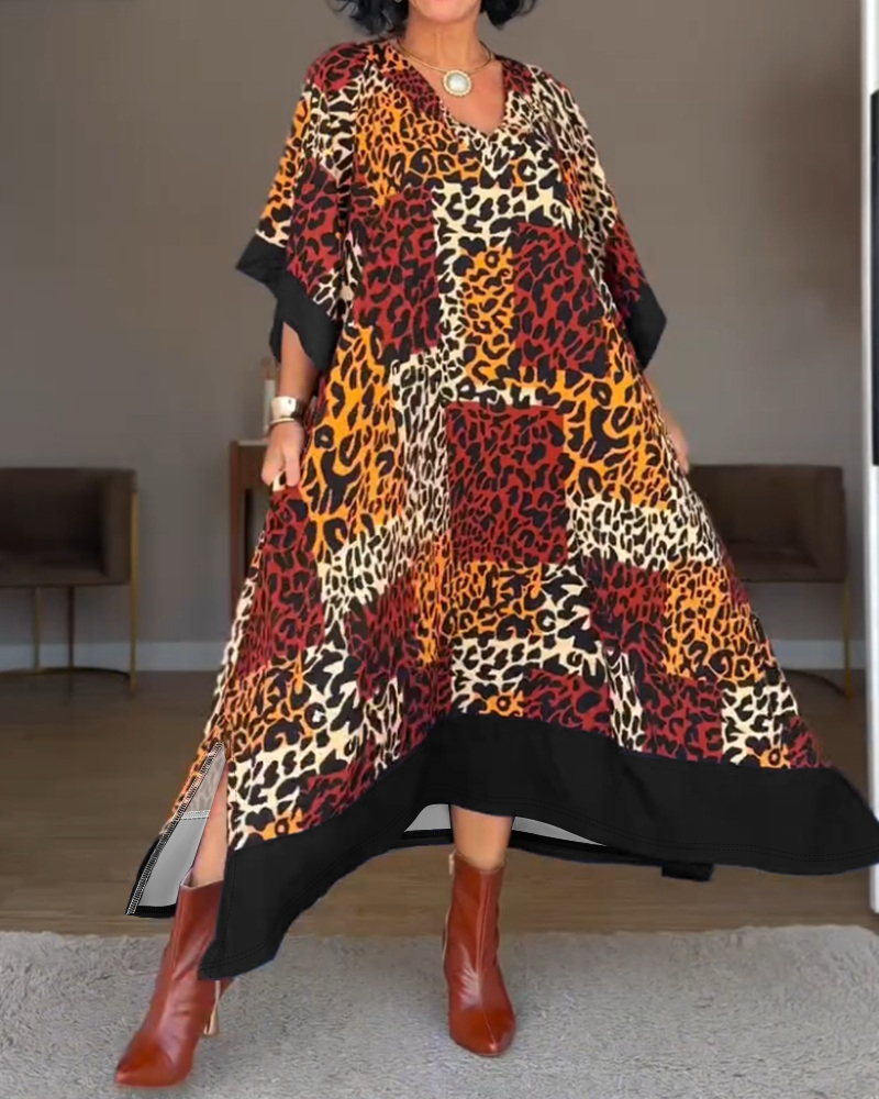 Leopard Print V-Neck Half Sleeve Chic Slit Dress, women Print Dresses, ChicMe catalog