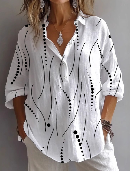 Women Striped Long Sleeve Shirt Spring/Fall Printing Shirt Collar Daily Casual Top, JustFashionNow Shirts, color:White|size:4XL,