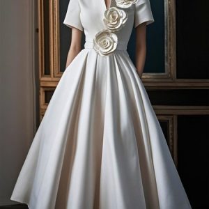 Elegant 3D Floral Plain Stand Collar Midi Dress, Midi Dresses, color:Off White|size:XXL, Stylewe