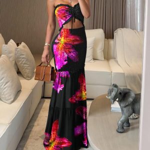 Floral Print Sleeveless Tied Detail Cutout Front Shirred Maxi Dress Elegant Ruched Frill Trim Ruffle Hem Party Dress, women Maxi Dresses, ChicMe catalog