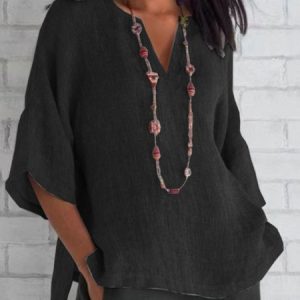 Cotton And Linen V Neck Half Sleeve Plain Loose Blouse For Women, Blouses, color:Black|size:3XL, catalog Noracora shop