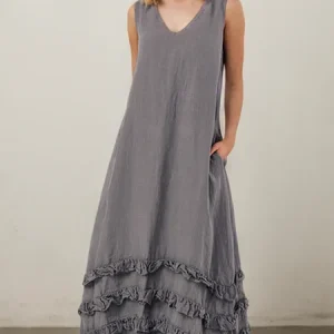 STYLE WE x CHILLINEN |Linen Regular Fit Dress With No, Midi Dresses, color:Gray|size:XXL, Stylewe