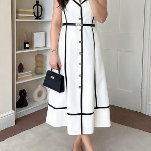 Elegant Color Block Split Joint Midi Dress With Belt, Midi Dresses, color:White|size:XXL, Stylewe