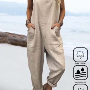Women Plain Square Neck Gallus Casual Summer Linen Jumpsuits, Jumpsuits&Rompers, color:Khaki|size:4XL, catalog Noracora shop