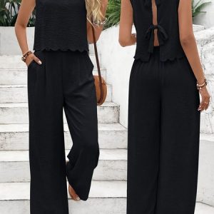 Women Plain Two-Piece Set Daily Sleeveless Casual Summer Top With Pants Matching Set, Sets, color:Black|size:XXL, catalog Noracora shop