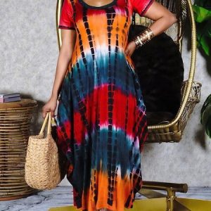 Casual Tie-Dye Pattern Printing Crew Neck Maxi Dress, Maxi Dresses, color:As Picture|size:XXL, Stylewe