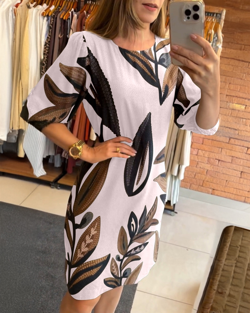 Vintage Plants Print Round Neck Puff Sleeve Midi Dress Casual Hollow-out Back Shirred Cuffs Vacation Dress, women Print Dresses, ChicMe catalog - Image 2