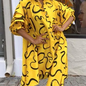 Casual Random Print Balloon Sleeve Printing Shirt Collar Midi Dress, Midi Dresses, color:Yellow|size:XXL, Stylewe