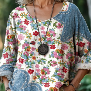 Women Floral Three Quarter Sleeve Tee T-shirt Crew Neck Printing Casual Spring/Fall Top, JustFashionNow T-Shirts, color:As Picture|size:4XL,