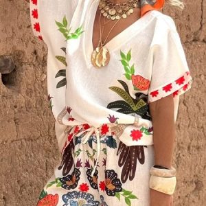 Vacation Tropical Printing V Neck Raglan Sleeves Blouse, Blouses and Shirts, color:As Picture|size:XXL, Stylewe