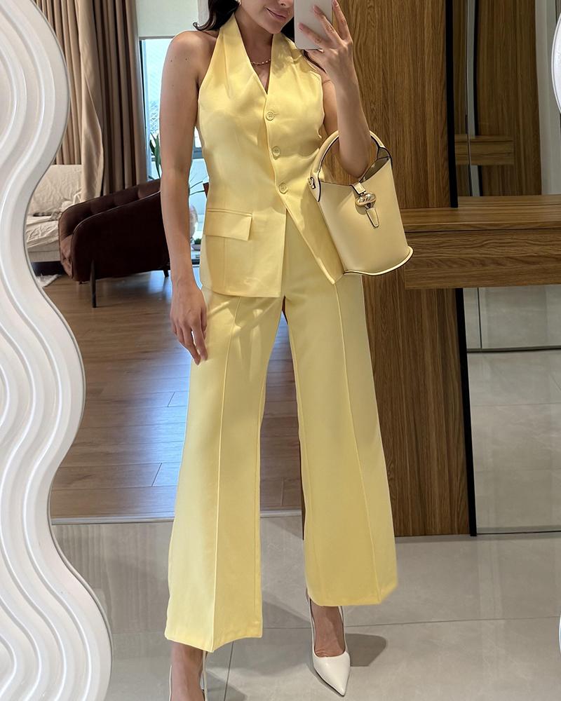 2 Pieces Summer Outfits Halter Button Front Sleeveless Tank and Casual Pocket Design Pants Set, women Two-piece Sets, ChicMe catalog