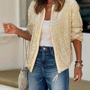 Long Sleeve Open Front Sequin Jacket Casual Loose Fit Party Top, women Jackets & Coats, ChicMe catalog