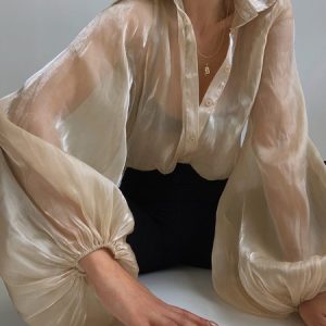 Elegant Plain Shirt Collar Balloon Sleeve Shirt, Blouses and Shirts, color:Khaki|size:XXL, Stylewe