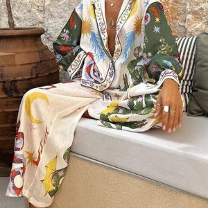2 Pieces Outfit Boho Tribal Print Long Sleeve Blouse and Casual High Waist Wide Leg Pants Set, women Two-piece Sets, ChicMe catalog