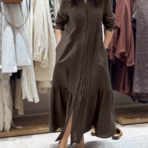 Turn-down Collar Pleated Design Button Down Slit Front Maxi Dress Casual Ruffle Hem Commuting Linen Dress, women Casual Dresses, ChicMe catalog