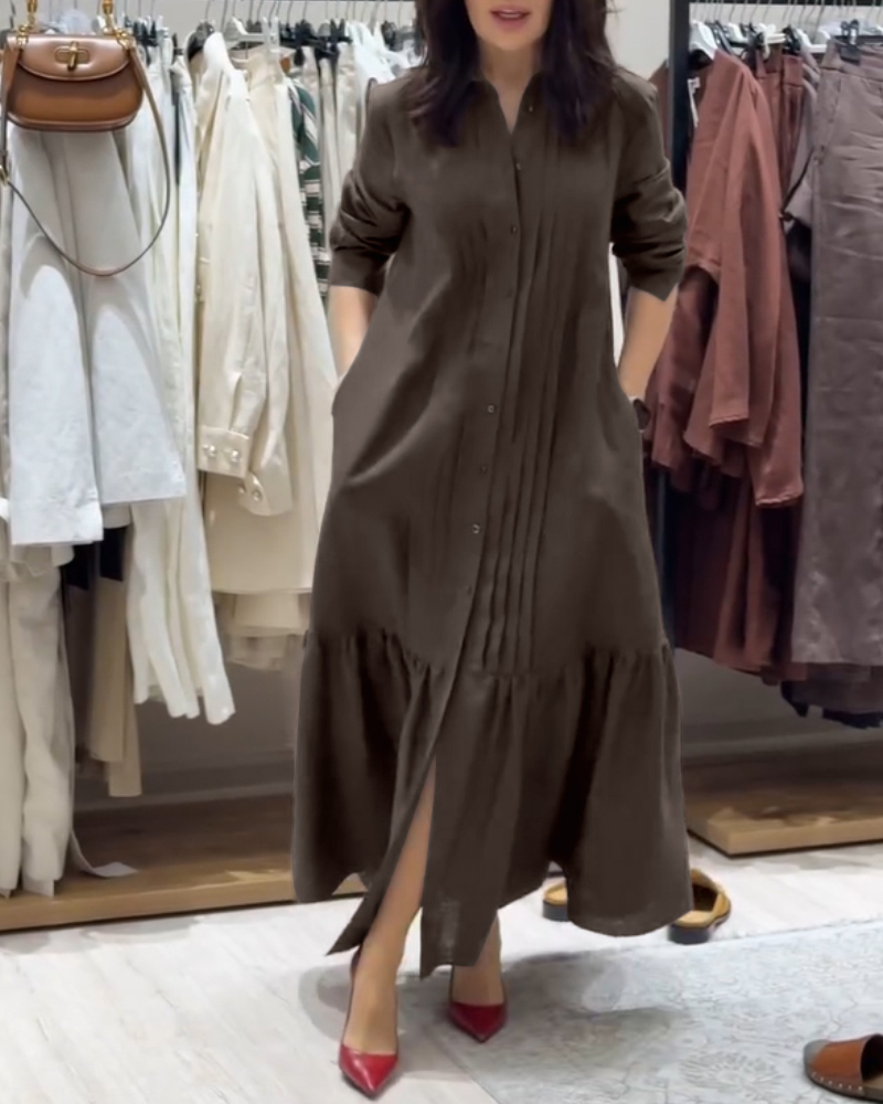Turn-down Collar Pleated Design Button Down Slit Front Maxi Dress Casual Ruffle Hem Commuting Linen Dress, women Casual Dresses, ChicMe catalog
