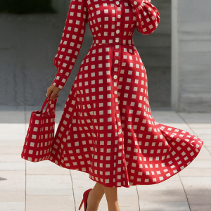 Urban Plaid Printing  Midi Dress, Midi Dresses, color:Red|size:XXL, Stylewe