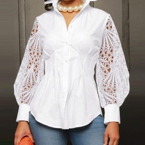 Lantern Sleeve Eyelet Embroidery Top, women Blouses & Shirts, ChicMe catalog