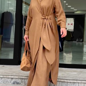 2 Pieces Outfit Textured Long Sleeve Waist Tied Detail Blouse and Casual Elastic Waist Wide Leg Pants Set, women Two-piece Sets, ChicMe catalog