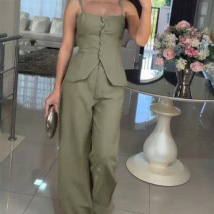 Cold Shoulder Spaghetti Strap Shirred Vest and Casual Elastic Waist Pants Sets, women Two-piece Sets, ChicMe catalog