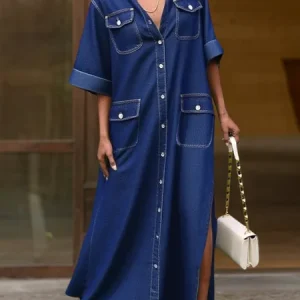 Casual Denim Plain Shirt Collar Maxi Dress, Maxi Dresses, color:Denim Blue|size:XXL, Stylewe