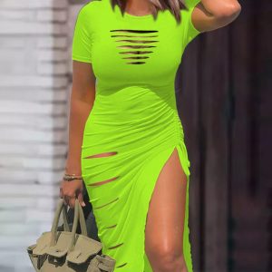 Ladder Cutout Drawstring Ruched High Slit Dress, women Midi Dresses, ChicMe catalog