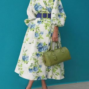 Elegant Floral Printing Lapel Collar Midi Dress With Belt, Midi Dresses, color:As Picture|size:XXL, Stylewe