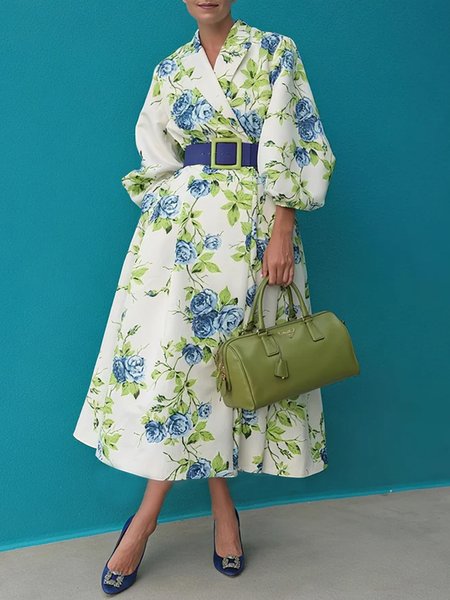 Elegant Floral Printing Lapel Collar Midi Dress With Belt, Midi Dresses, color:As Picture|size:XXL, Stylewe