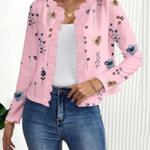 Floral Print Open Front Long Sleeve Casual Contrast Lace Short Cardigan, women Jackets & Coats, ChicMe catalog