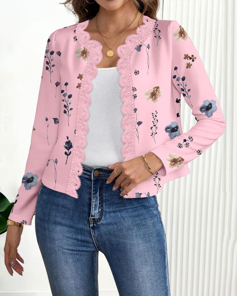 Floral Print Open Front Long Sleeve Casual Contrast Lace Short Cardigan, women Jackets & Coats, ChicMe catalog
