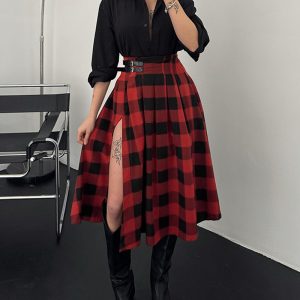 Plaid Print High Waist Side Slit Mid-length Skirt Casual Double Buckle A Line Pleated Skirt, women Skirts, ChicMe catalog