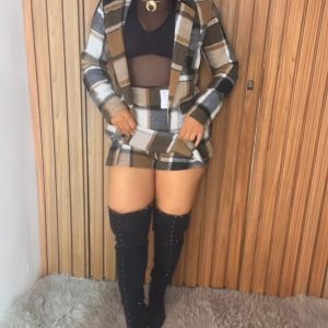2 Pieces Outfit Plaid Print Notched Collar Single Button Flap Detail Blazer Coat and Elastic Back Waist Zipper Side Slit Skort Set, women Two-piece Sets, ChicMe catalog