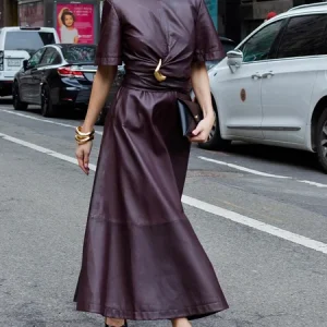 Elegant PU Grommet Crew Neck Maxi Dress With Belt, Maxi Dresses, color:As Picture|size:XXL, Stylewe