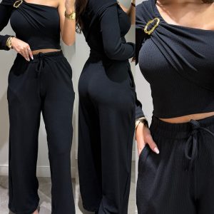 2 Pieces Outfit One Shoulder Metal Buckle Decor Long Sleeve Ruched Crop Top and Drawstring Elastic Waist Wide Leg Pants Set Casual Ribbed Set, women Two-piece Sets, ChicMe catalog