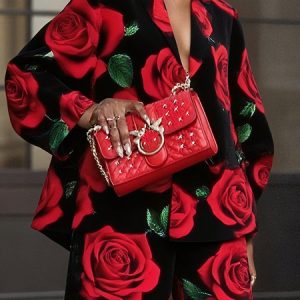 Elegant Balloon Sleeve Printing Floral V Neck Jacket, Jackets, color:Black-red|size:XXL, Stylewe