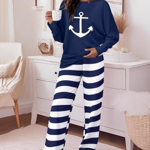 Anchor Print Round Neck Batwing Sleeve Top and Casual Striped Pants Pajamas Sets, women Pajamas Sets, ChicMe catalog