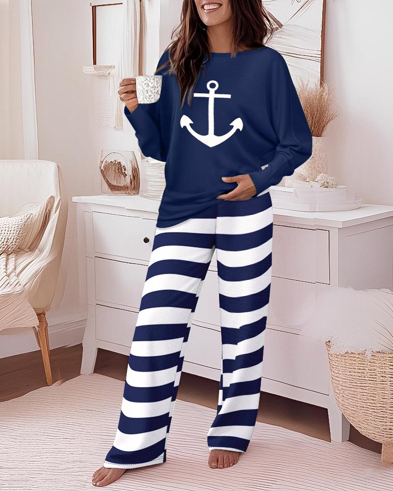 Anchor Print Round Neck Batwing Sleeve Top and Casual Striped Pants Pajamas Sets, women Pajamas Sets, ChicMe catalog