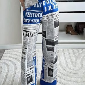 Urban Letter Pattern Printing Wide Leg Pants, Pants, color:Blue|size:XXL, Stylewe