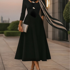Elegant Plain Metal Cross Neck Midi Dress, Midi Dresses, color:Black|size:XXL, Stylewe