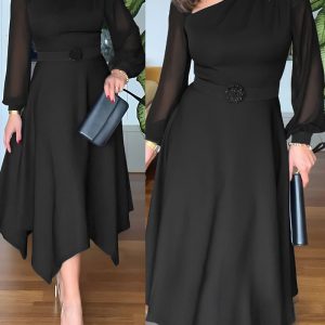 One Shoulder Long Sleeve Casual Beaded Mid-Cald Dress, women Work Dresses, ChicMe catalog