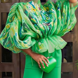 Elegant Random Print Printing Off The Shoulder Blouse, Blouses and Shirts, color:Green|size:XXL, Stylewe