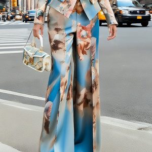 Elegant Random Print Printing Wide Leg Pants, Pants, color:Blue|size:XXL, Stylewe