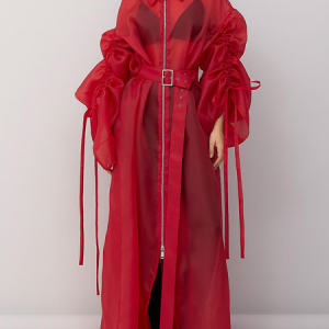 Urban Balloon Sleeve Zipper Plain Shirt Collar Kimono, Kimonos, color:Red|size:XXL, Stylewe