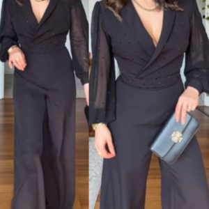 Plunge Rhinestone Chiffon Patchwork Long Sleeve Casual Zipper Jumpsuit, women Jumpsuits, ChicMe catalog