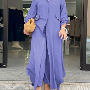 2 Pieces Outfit Turn-down Collar Long Sleeve Longline Blouse with Pockets and Casual Elastic Waist Wide Leg Pants Set, women Two-piece Sets, ChicMe catalog