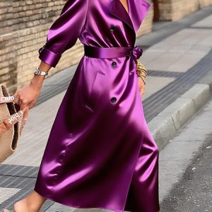 Elegant Satin Plain Lapel Collar Trench Coat With Belt, Trench Coats, color:Fuchsia|size:XXL, Stylewe