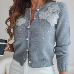 Floral Applique & Pearls Decor Round Neck Single Breasted Knit Cardigan Casual Crop Sweater Coat, women Sweaters & Cardigans, ChicMe catalog