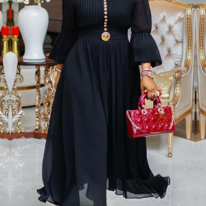 Elegant Plain Bell Sleeve Buttoned Stand Collar Maxi Dress, Maxi Dresses, color:Black|size:XXL, Stylewe