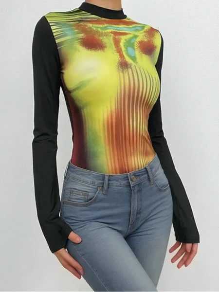 Urban Abstract Printing Mock Neck T-shirt, Tees, color:As Picture|size:XXL, Stylewe
