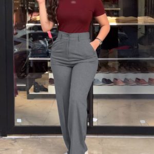 High Waist Zipper Fly Elastic Back Waist Trousers Casual Wide Leg Pants, women Pants, ChicMe catalog
